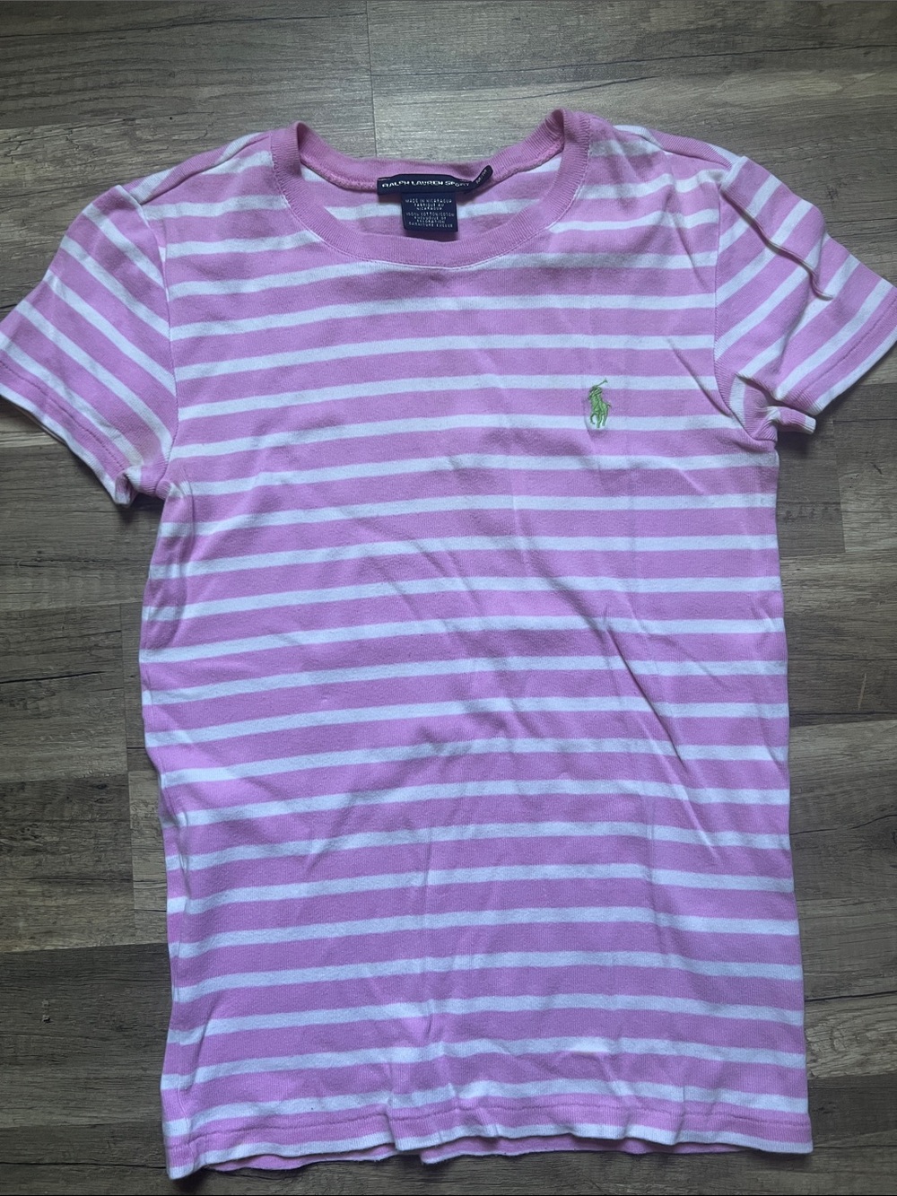 Ralph Lauren Pink & White Striped Cotton Crew Tee with Green Polo Pony - Picture 2 of 3